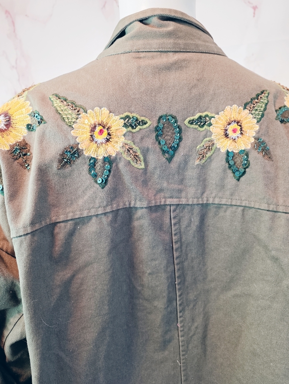 Mango Embroidered Utility Jacket Olive Floral Military Boho S - Picture 8 of 12
